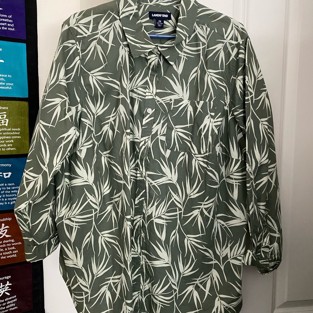 Lands' End Olive Leaf Pattern Blouse